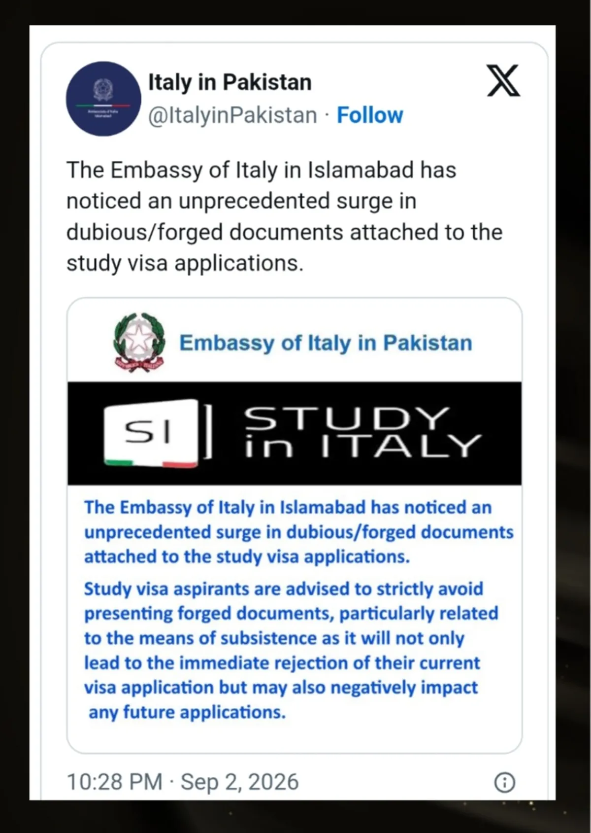 Pakistani Students Urged to Avoid Fake Documents in Study Visa Applications, Italian Embassy Warns (Image 2)