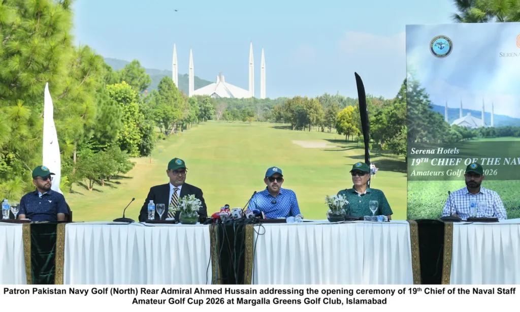 Rear Admiral Ahmed Hussain speaks at the 19th Chief of the Naval Staff Amateur Golf Cup opening ceremony. (Image 1)