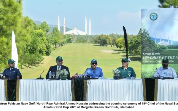 Rear Admiral Ahmed Hussain speaks at the 19th Chief of the Naval Staff Amateur Golf Cup opening ceremony. (Image 1)