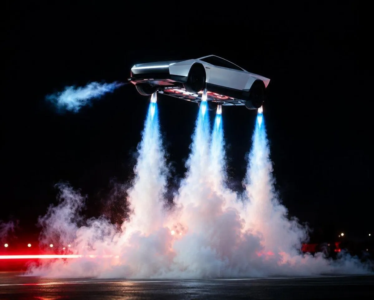 Elon Musk Unveils Flying Car, Demonstrates Tesla Roadster Driving Upside Down on Curved Ramp, Leaping into the Air, Performing a Flip and Landing on Its Wheels (Image 2)