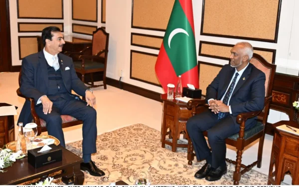 Senate Chairman Syed Yousuf Raza Gilani and Maldivian President Dr Mohamed Muizzu shake hands during discussions to strengthen Pakistan Maldives ties.