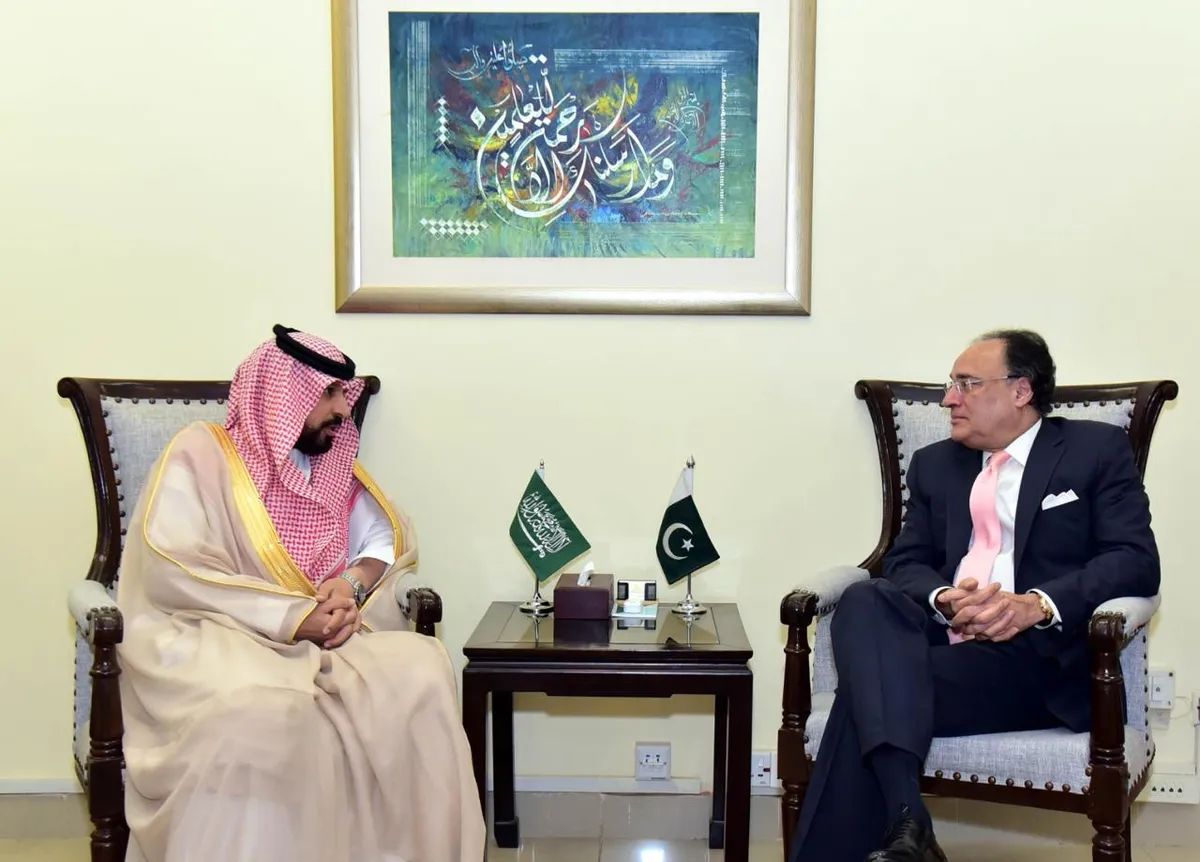 Federal Minister for Finance and Revenue Senator Muhammad Aurangzeb meeting with Saudi Ambassador Dr. Rajeh Tami Albugamy. (Image 2)