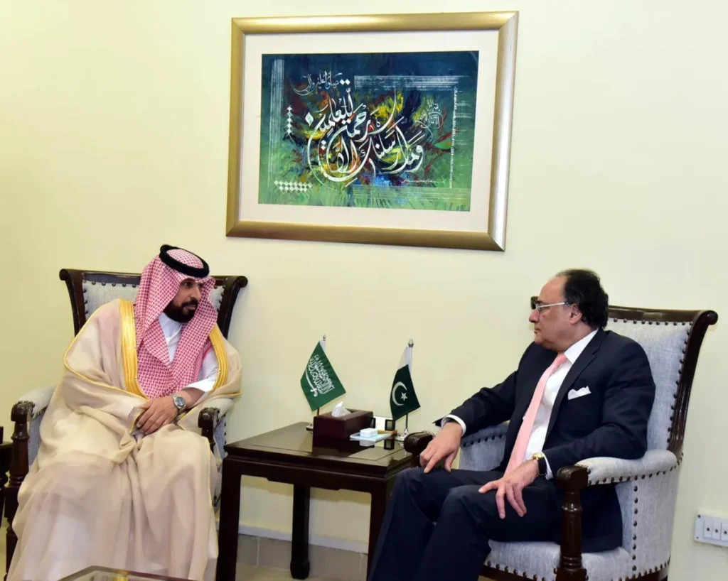 Federal Minister for Finance and Revenue Senator Muhammad Aurangzeb meeting with Saudi Ambassador Dr. Rajeh Tami Albugamy. (Image 1)