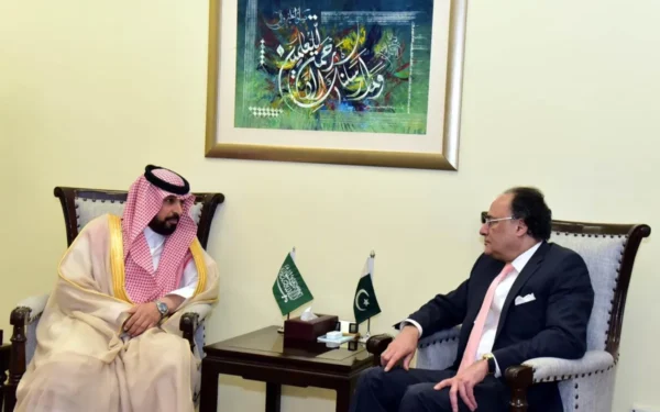 Federal Minister for Finance and Revenue Senator Muhammad Aurangzeb meeting with Saudi Ambassador Dr. Rajeh Tami Albugamy. (Image 1)