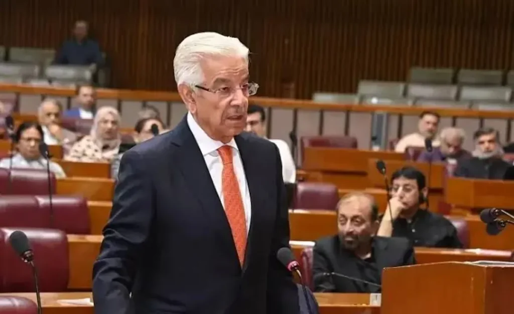 Federal Minister for Defence Khawaja Muhammad Asif addressing the National Assembly regarding national interests.