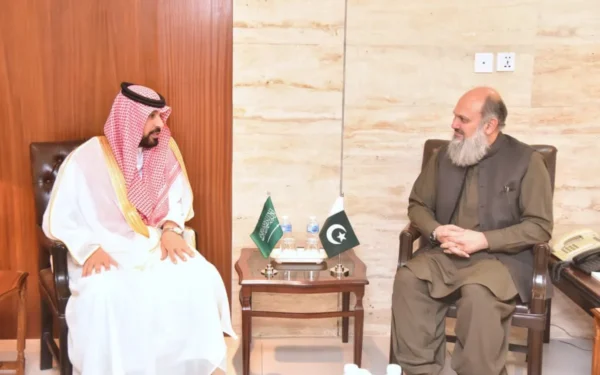 Federal Minister for Commerce Jam Kamal Khan meeting with the Saudi Ambassador to discuss trade cooperation.