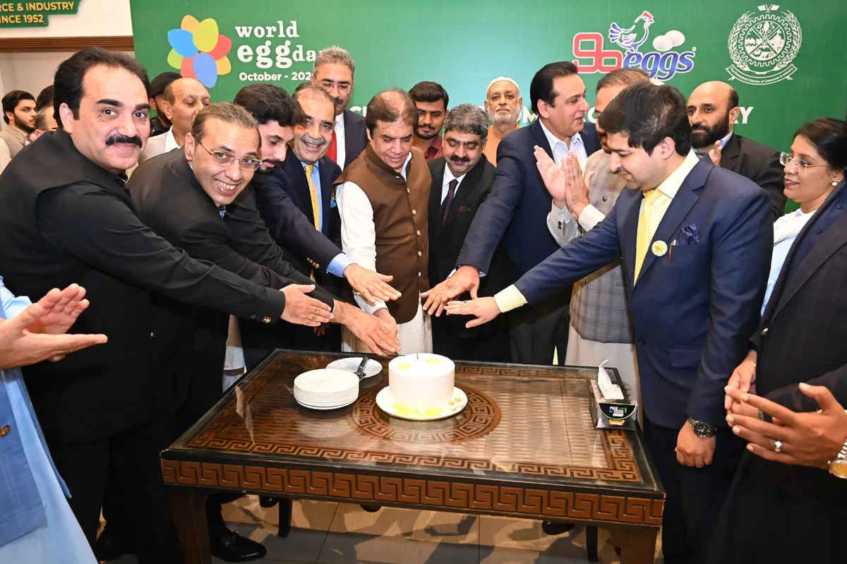 Federal Minister Muhammad Hanif Abbasi attending the World Egg Day 2026 event at the Rawalpindi Chamber of Commerce. (Image 2)