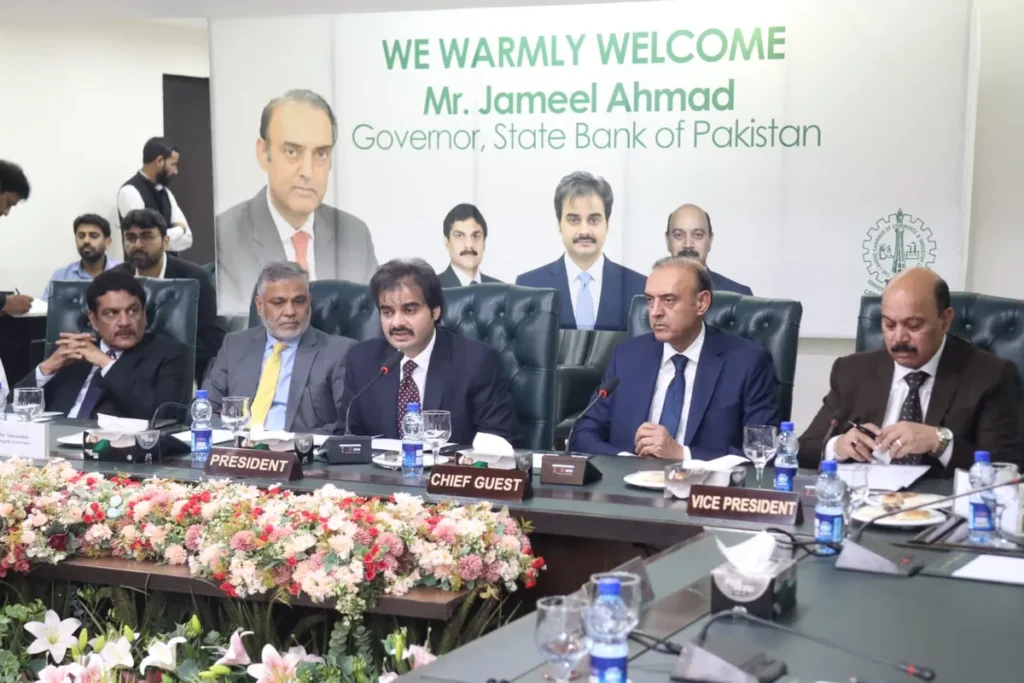 SBP Governor Jameel Ahmad addresses the Lahore Chamber of Commerce, discussing the significant increase in SME financing. (Image 1)