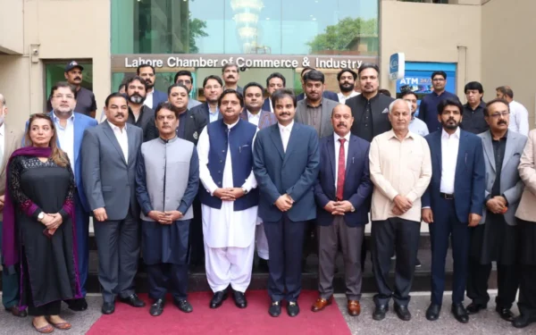 Punjab Assembly Speaker Malik Muhammad Ahmad Khan speaking at the Lahore Chamber of Commerce and Industry. (Image 1)