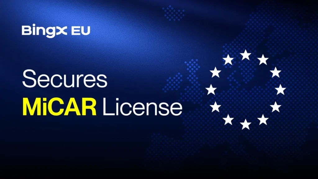 A digital representation of the BingX EU logo indicating its successful attainment of the MiCAR license.