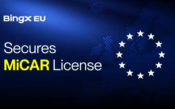 A digital representation of the BingX EU logo indicating its successful attainment of the MiCAR license.