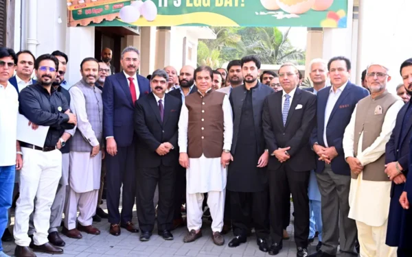Federal Minister Muhammad Hanif Abbasi attending the World Egg Day 2026 event at the Rawalpindi Chamber of Commerce. (Image 1)